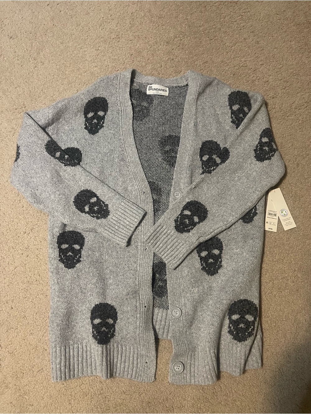 No Boundaries Grey Skull Graphic Soft Button Up Juniors Long Cardigan